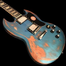 Factory Retro Vintage Blue Electric Guitar Solid Body Mahogany Neck Heavy Aged