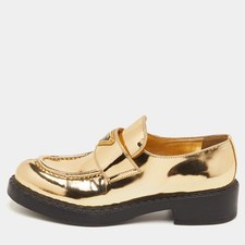 Prada Size 39.5 Gold Patent Leather Triangle Logo Slip On Loafers