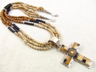 HEAVY 62g 24" Native Signed TF Sterling Multi Stones Cross Beads Necklace Navajo