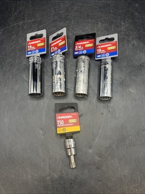 (Lot Of 5) Husky Deep Socket SAE Drive 12 Point 3/4 , 18MM, 19MM, 21MM, T50 Torx