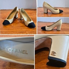 Chanel Beige Black Two-Tone Cap Toe Pumps Size 34.5C AG31320 Made in Italy