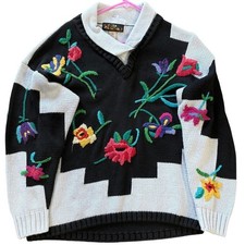 Vintage 90s Lisa Nichols Floral Knit Sweater Women's 1 Plus White Black Cottage