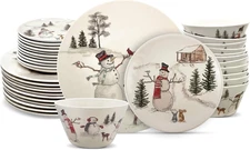 Snowman Dinnerware Set, 36 Piece Melamine Holiday Dish Set with 12 Dinner Plates