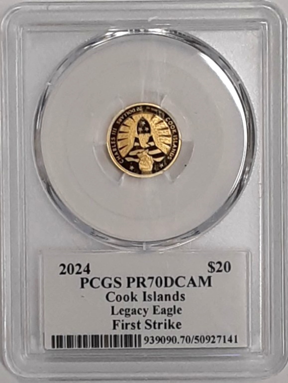 2024 Cook Islands $20 1/10 Oz Gold Legacy Eagle PCGS PR70DCAM 1st