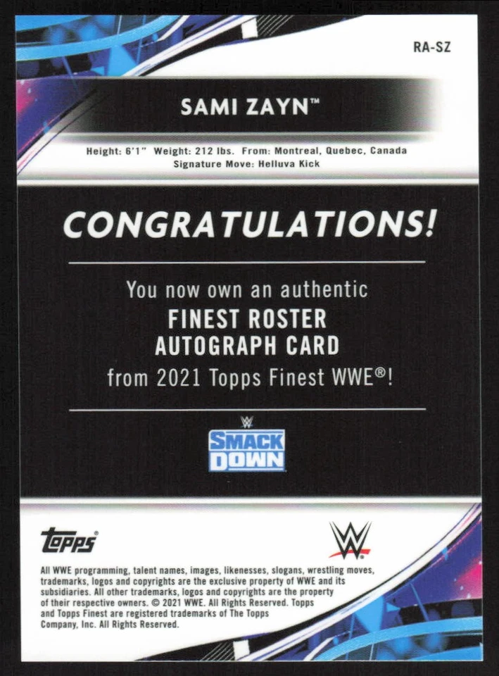 2021 Topps Finest WWE Superstar Autographs #RA-SZ Sami Zayn - Image 2 of 2