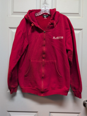 Vintage  Adidas  Red.  Jacket  Sz.  L. Zipper  Front.  Hood.  Heavy.  Weight 