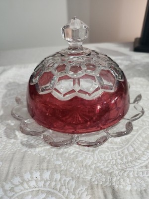 Red Flashed Butter Dish in the Hexagon Block Pattern 5 1/2  Diam
