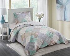 Brilliant Sunshine Blue and Green Rose Patchwork, Quilt Set Twin,