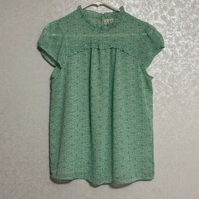 Joie Ruffle Neck Floral Metallic Lurex Blouse Flutter Sleeve Lightweight Green S