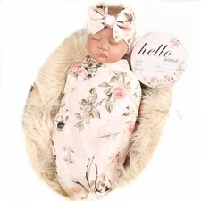 Soft Stretchy Floral Newborn Swaddle Blanket with Headband - Lightweight Design