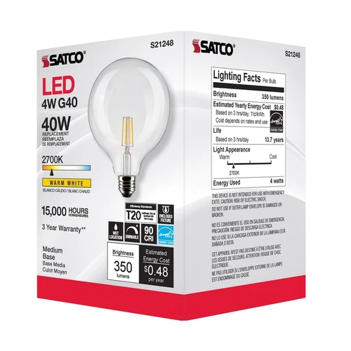 SATCO S21248 - 4 Watt G40 LED Globe Light Bulb - 2700K - 120 Volts (6 Pack) - Picture 5 of 6