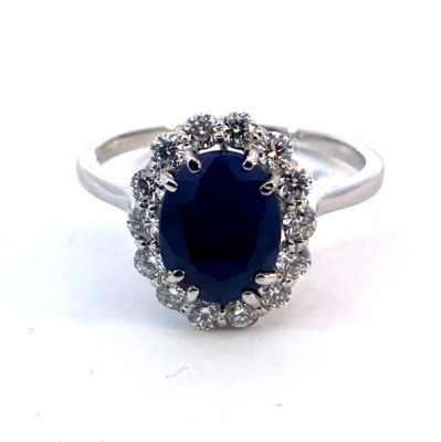 Natural Oval Blue Sapphire & Diamond Halo Ring 14k White Gold 4.36Ct