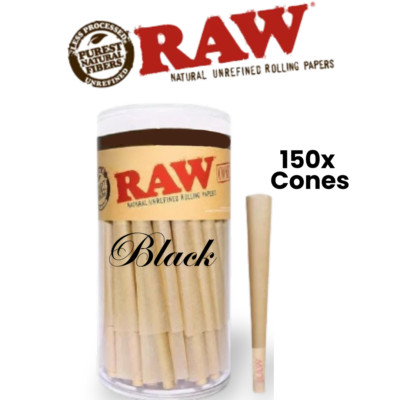 RAW Black Classic 1 1/4 Pre-Rolled Cones 150 ct Ultra Thin Natural Rolling Paper