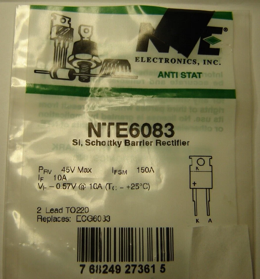 4 pcs New NTE6083 Si, Schottky Barrier Rectifier 45V / 10A 2- Lead TO220 - Image 2 of 2