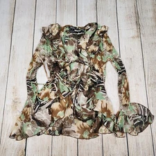 VTG Caelian Ruffle top Sheer Y2K Tie Front Green Brown Small FAIRYCORE