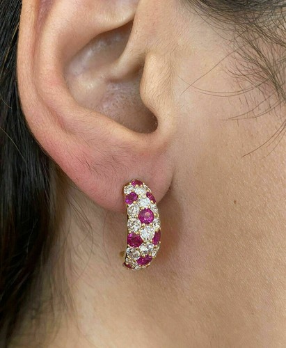Cubic Zirconia Ruby Pave Set Half Hoop Earrings in 14k Yellow Gold Over 2.85 Ct - Picture 2 of 4