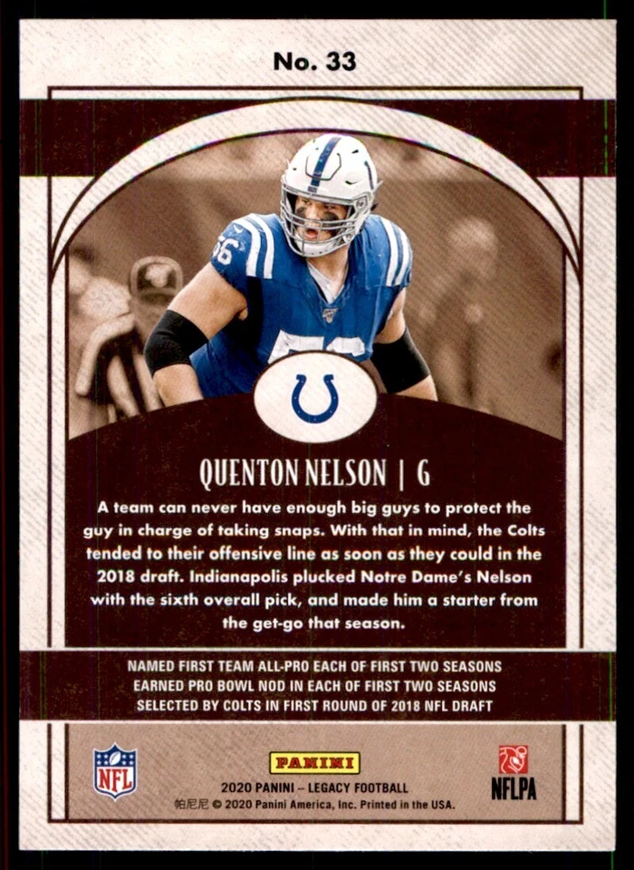 2020 Panini Legacy Quenton Nelson Indianapolis Colts #33 - Image 2 of 2