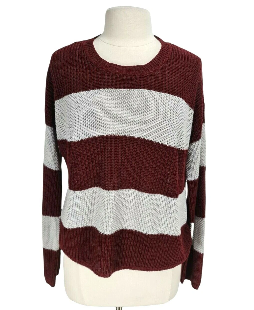 Hippie Rose Gray Burgundy Striped Pullover Sweater Women Size Xl