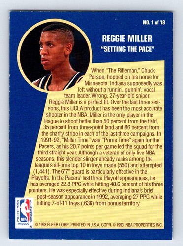 1992 93 Fleer REGGIE MILLER Sharp Shooter #1 - Picture 2 of 2
