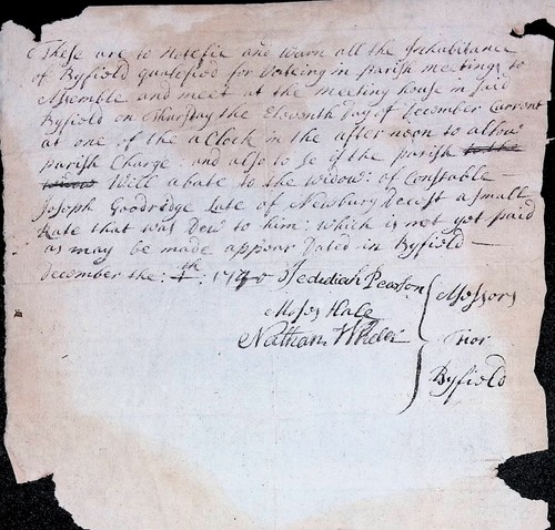 1740 Byfield, Mass. Colonial town meeting notice