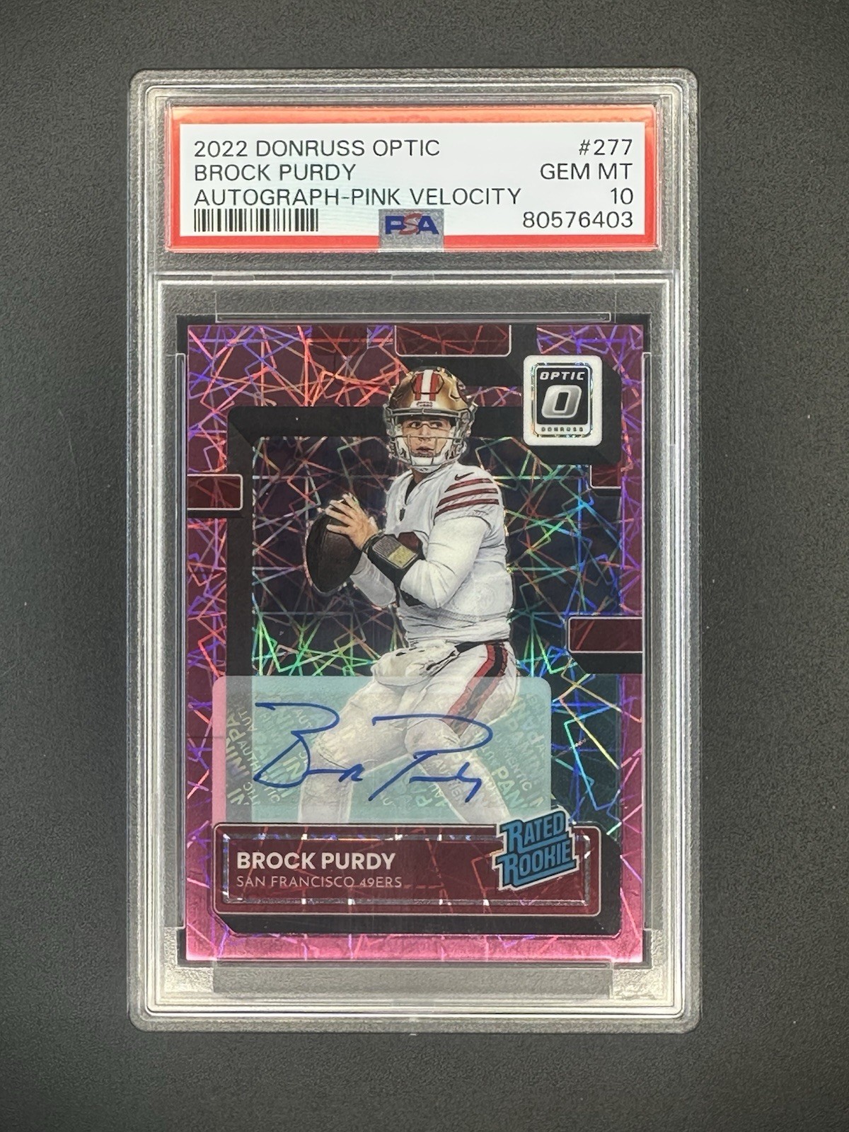 2022 Donruss Optic Brock Purdy Auto /50 Pink Velocity RC #277 PSA 10