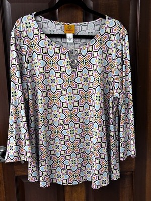 RUBY RD WOMENS 1X GEOMETRIC FLORAL TILE KEYHOLE TOP BLOUSE