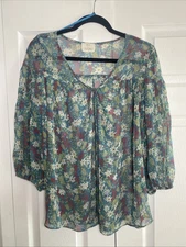 Anthro Pins And Needles Womens Large Green Sheer Floral Boho Top Garden Party