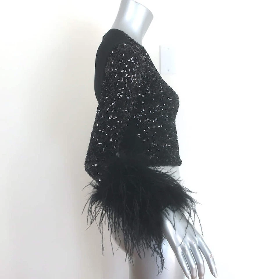 Top Alice + Olivia Delaina Lentejuelas Puño Pluma Negro Talla Extra Pequeña Foto 4 de 4