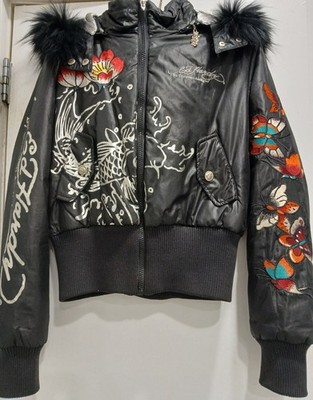 Ed Hardy by Christian Audigier women's cropped jacket size M real fur trim 