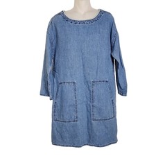 Madewell Womens Shift Dress Medium Denim Frayed Raw Edge Boat Neck Linen Pockets