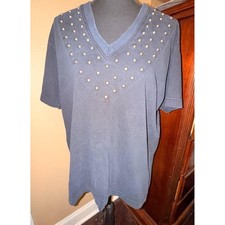 Neiman Marcus Studded V-Neck T-Shirt Women L Black Good Vintage 90s USA Made