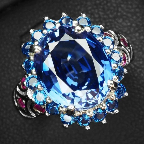Dazzling Vivid Blue Sapphire 5.20Ct 925 Sterling Silver White Gold Halo Rings