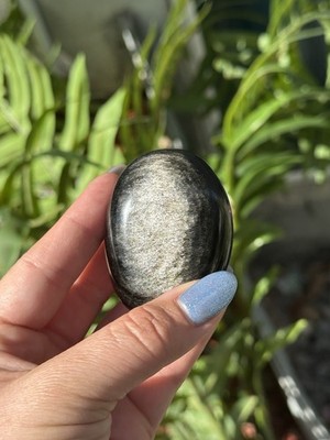 Natural Silver Sheen Obsidian Palm Stone Polished Black Crystal Worry Stone