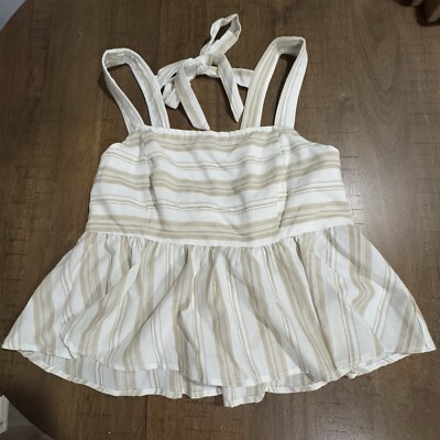 Hem & Thread Square Neck Ribbon Tie Back Sleeveless Top Sz Large Beige NWOT!