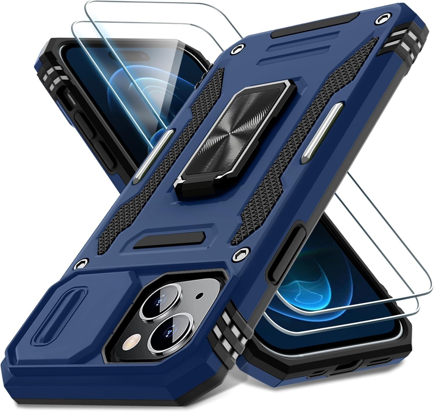 For iPhone 15 Case with Heavy Duty Military Grade Protection & Kickstand Blue-image