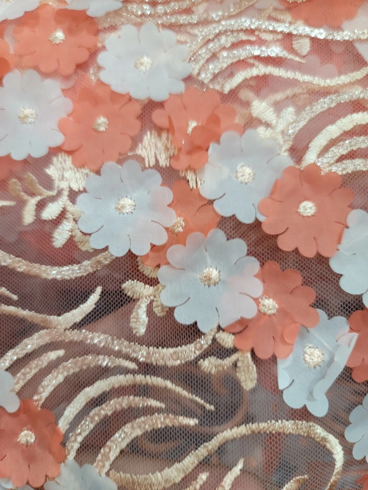 Tela por yarda coral encaje bordado 3d flores florales lentejuelas en malla graduación Foto 3 de 4