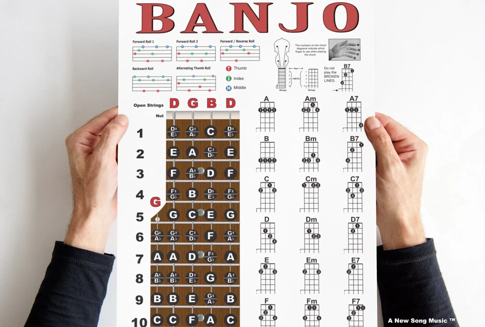 Banjo Chord Chart Poster Fretboard Rolls 5 String Chords Beginner Notes Theory - Image 2 of 4