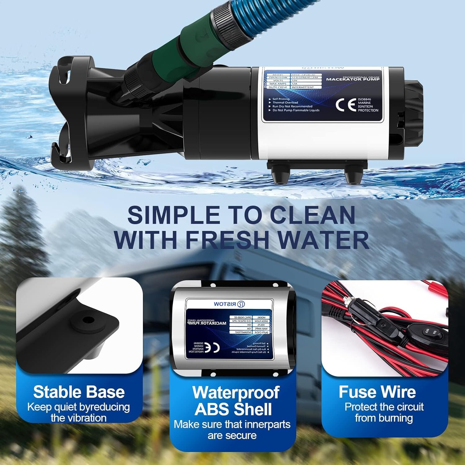 Portable 12V Macerator Pump with Quick-Release Garden Hose for Waste Disposal