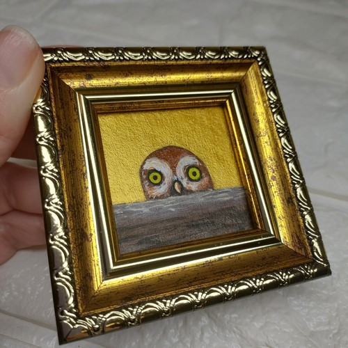 Pintura de búho pájaro original pintado a mano dorado pequeña obra de arte pintura enmarcada - Imagen 8 de 12