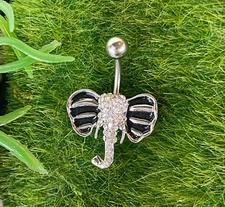 1pc Elephant Belly Ring Pierced Navel Paved Gem Black Enamel Ears Naval Piercing