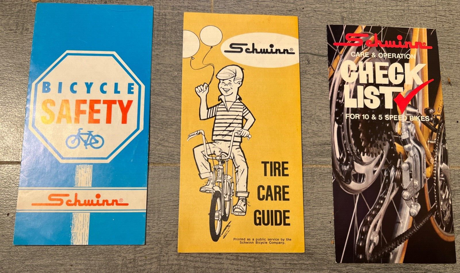 VINTAGE SCHWINN  BICYCLE BROCHURES CATALOGS LOT OF THREE SAFETY CHECK LIST CARE