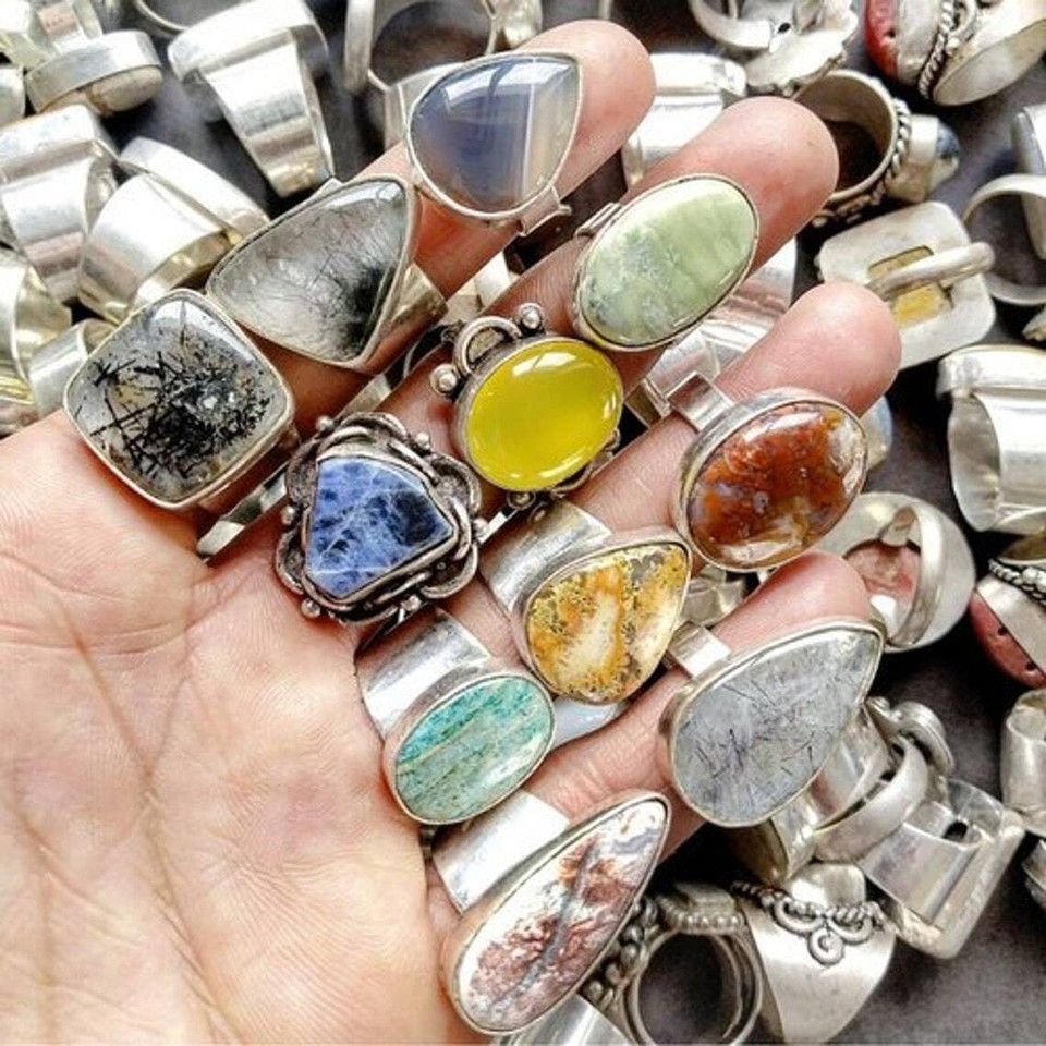 Hippie Rock Rings Assorted Gemstones 925 Sterling Silver Chunky Hippie Rings Lot Handmade ...