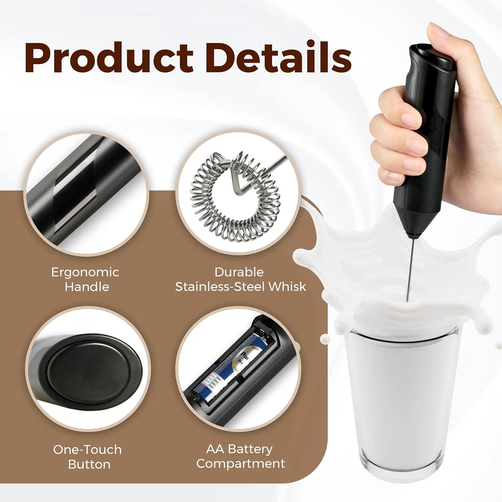 Milk Frother Handheld, Battery Operated, Whisk Maker, w/ Stainless Steel Stand