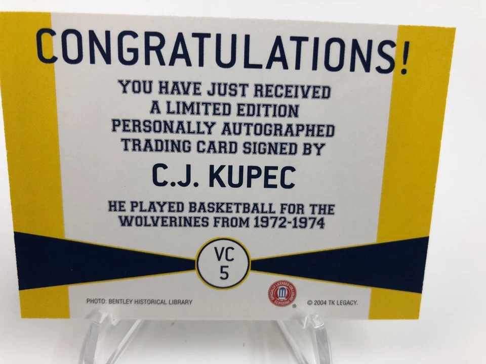 TK Legacy C.J. KUPEC AUTO Basketball VARSITY CLUB VC5 Signed Card MICHIGAN - Image 3 of 4