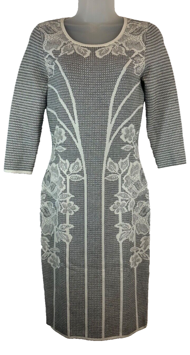 karen millen floral bodycon dress KAREN MILLEN 2 Soft Floral Bodycon Dress LS Back Zip Stretch Black White A55