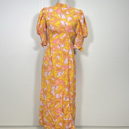 River Island Size 12 Floral Print Orange 60s Retro Curved Seam Midi Dress BNWT - Picture 7 of 16