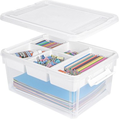 Creahaus 17 Quart Plastic Storage Box with Removable Tray Durable Craft Organize