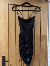 Classic sexy side cinched ruffle mermaid bodycon satin feel black mini dress