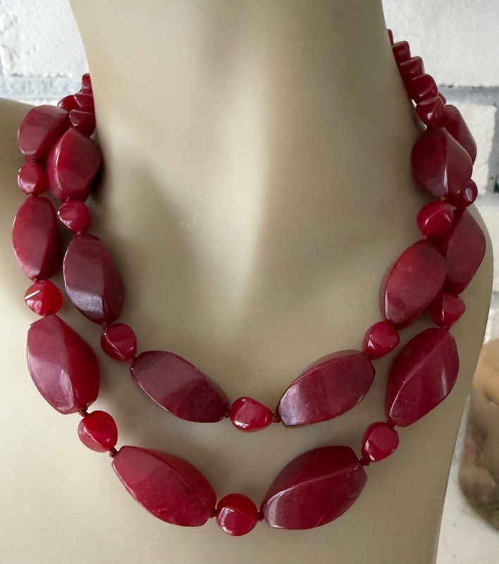 DOUBLE STRAND CHERRY RED JASPER AGATE OR ART GLASS HAND KNOTTED BEAD NECKLACE