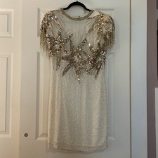 Vintage 80s Nite Line 100 Silk Gold White Beaded Dress With Sequins Size 10